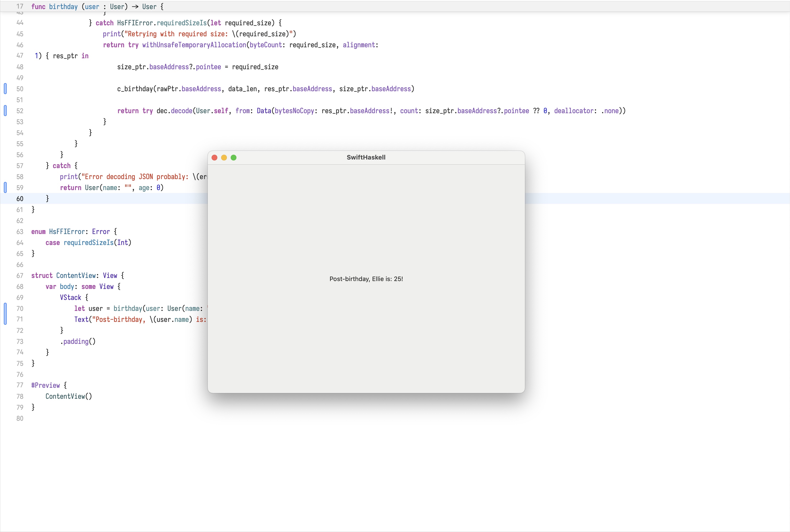 Swift应用程序通过惯用Swift包装器显示调用惯用Haskell函数的结果